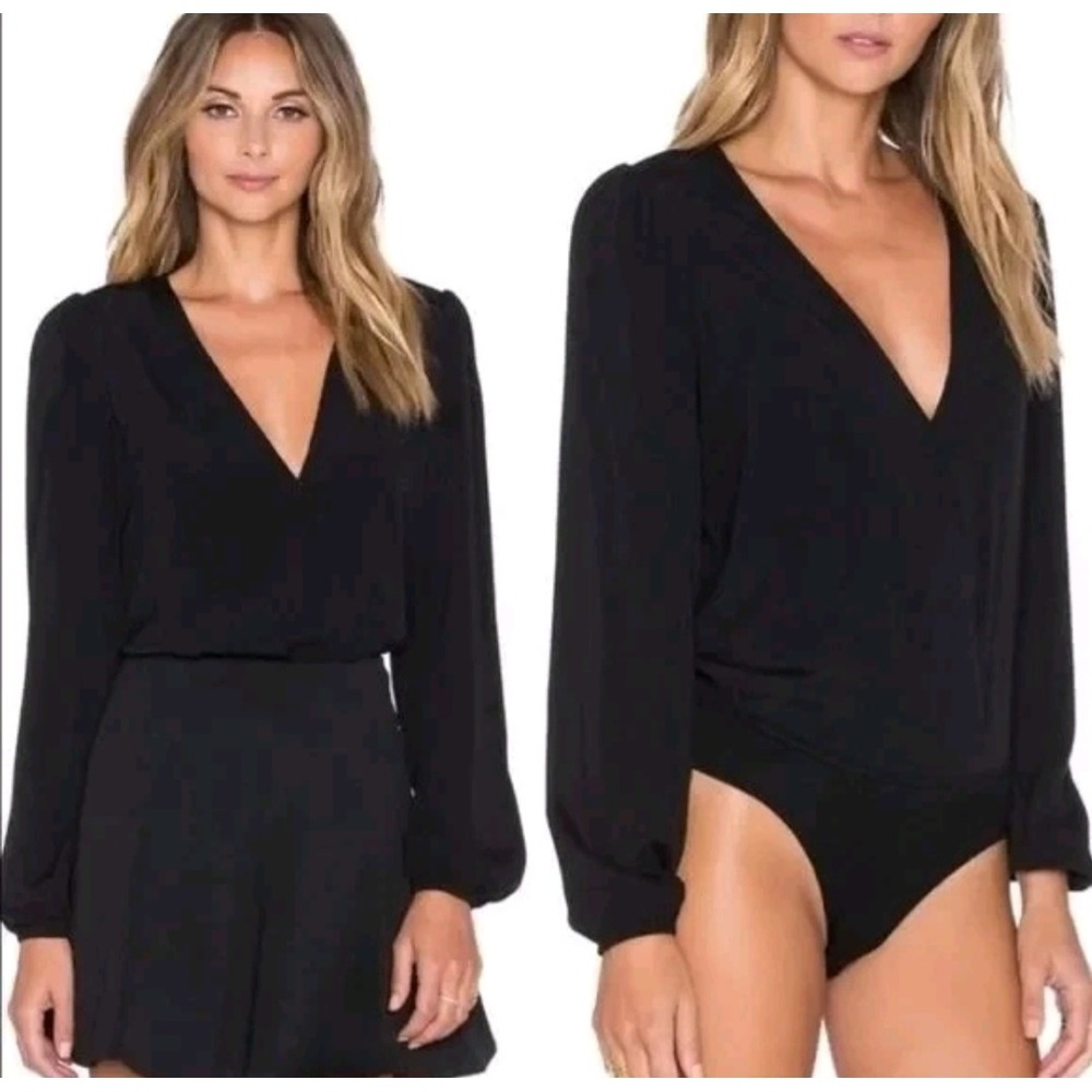 Lovers + Friends Vision V-Neck Long Sleeve‎ Bodysuit Black Small Blouse Top
